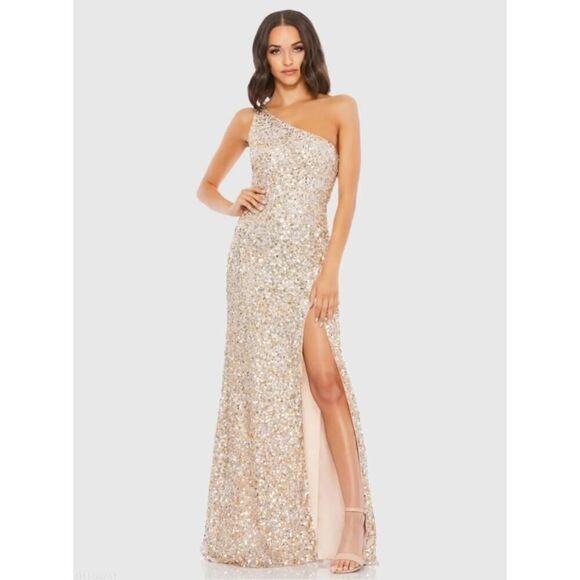 Mac Duggal Beige Sequin One Shoulder Gown With Slit - Size 4 - NWT